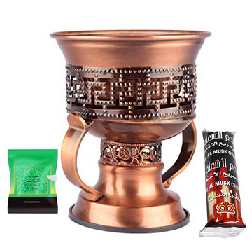 Non Electrical Bakhoor Burner with 10 Coal Coins & 40g Fragrance Paste - Copper